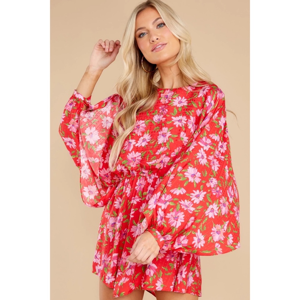 LoveShackFancy Red Hand Painted Floral Mini Dress NWT Large - Picture 4 of 16